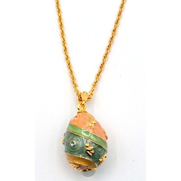JOAN RIVERS FABERGE EGG RHINESTONE ENAMEL‎ PENDANT GREEN PINK SIGNED 30